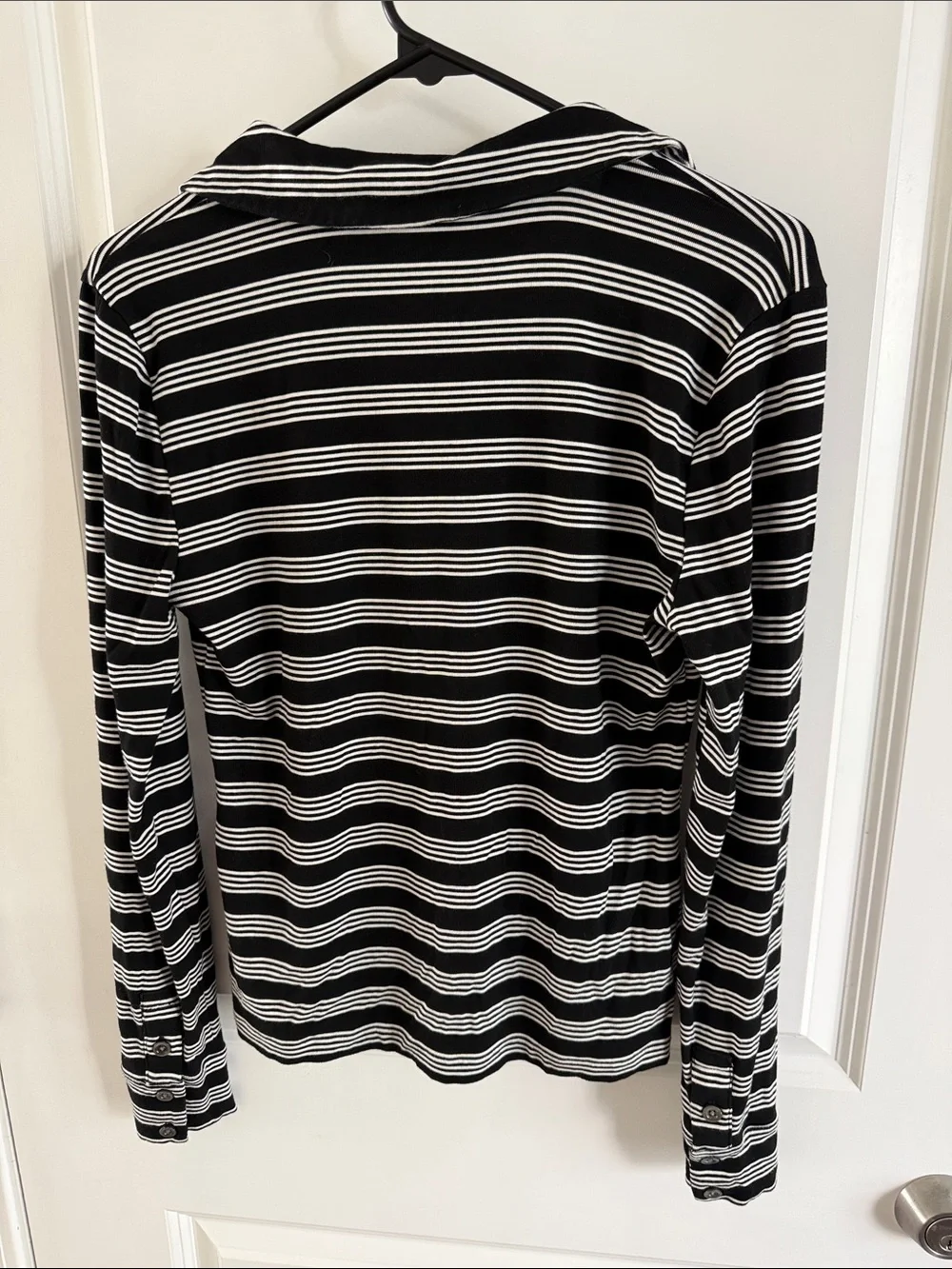 J. Crew Black and White Striped Button-Front Polo Shirt